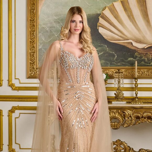 New Champagne Pageant Sheath Gown w/ Cape Sleeves & Dazzling Beadwork GL3665 - Picture 1 of 14